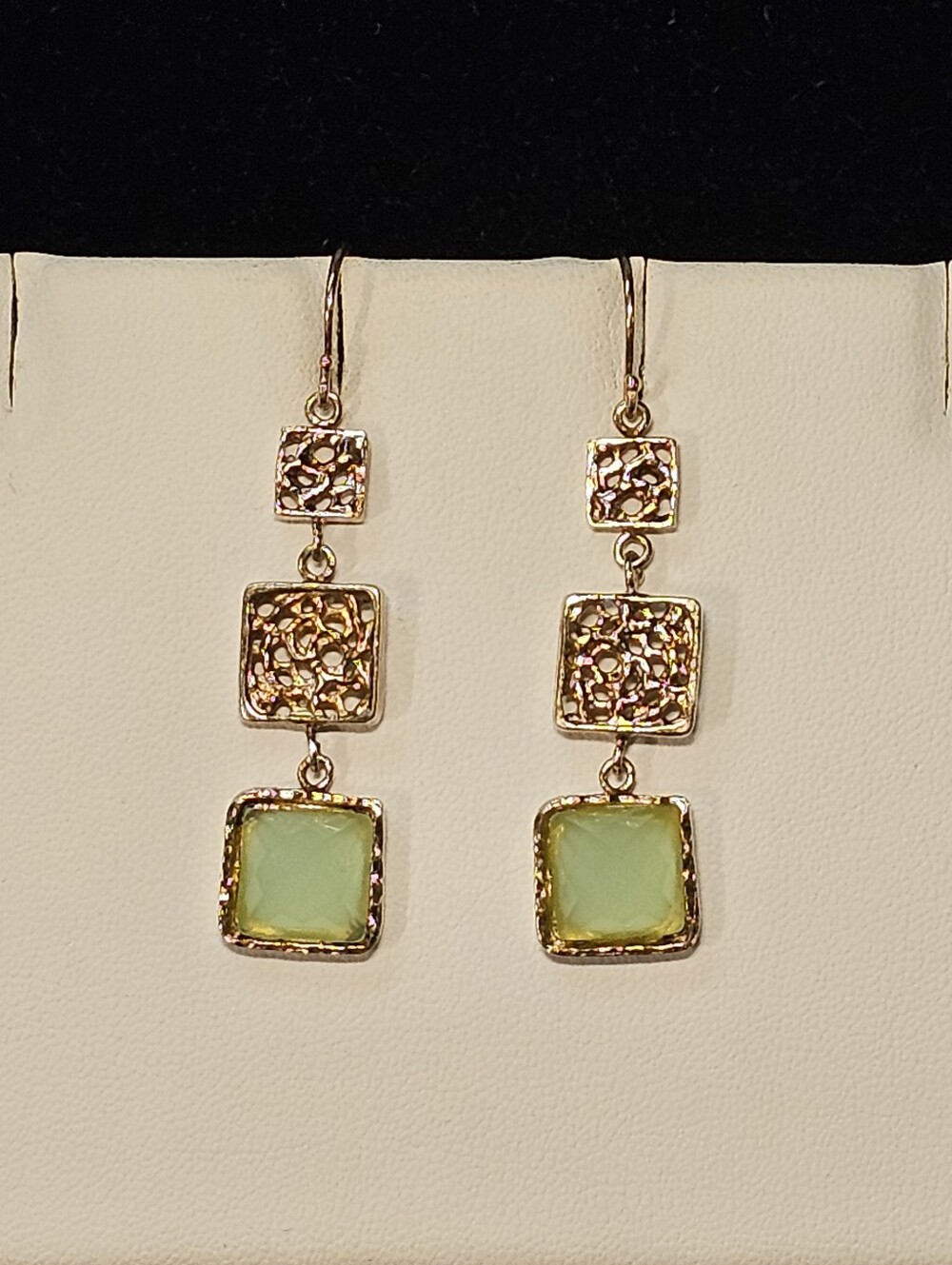 Sterling 925 Golden Drop Earrings with Prehnite Gems ISRAEL 925
